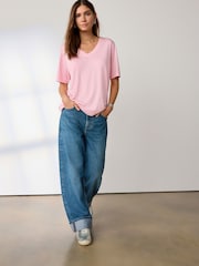 Pink Cotton Modal Slouch V-Neck T-Shirt - Image 2 of 2