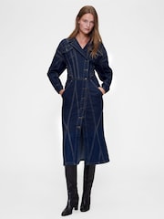 Dark Wash Blue Seamed Denim Midi Shirt Dress - Image 1 of 6