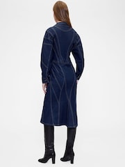 Dark Wash Blue Seamed Denim Midi Shirt Dress - Image 2 of 6