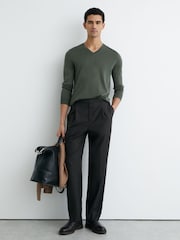Reiss Kale Green Earl Merino Wool V-Neck Jumper - Image 1 of 6