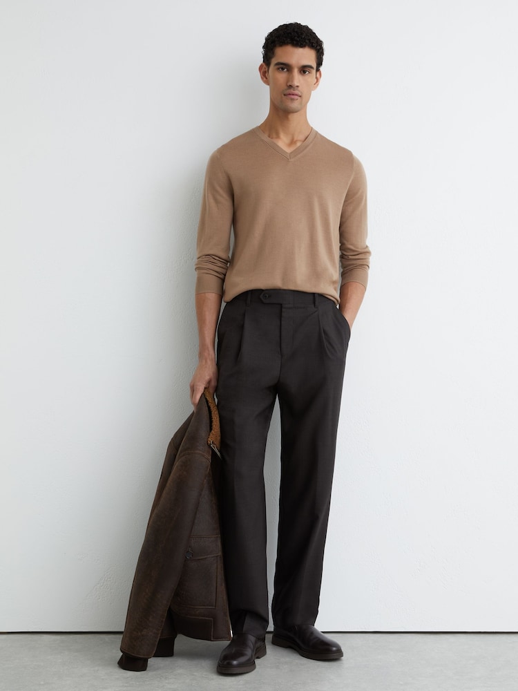 Reiss Camel Brown Earl Merino Wool V-Neck Jumper - Image 1 of 6