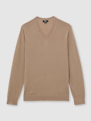Reiss Camel Brown Earl Merino Wool V-Neck Jumper - Image 2 of 6