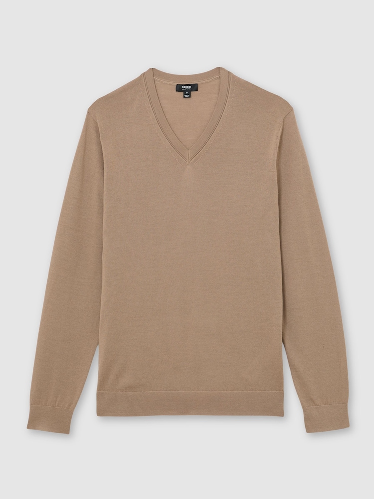 Reiss Camel Brown Earl Merino Wool V-Neck Jumper - Image 2 of 6