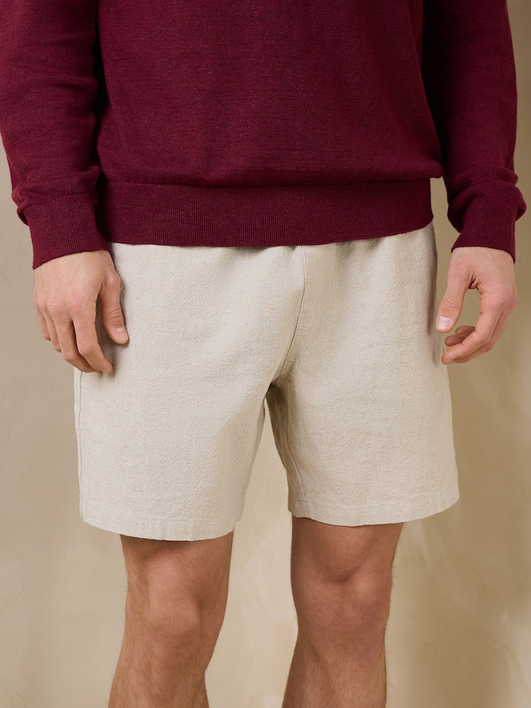 Neutral Textured Cotton Linen Blend Drawstring Shorts - Image 1 of 8
