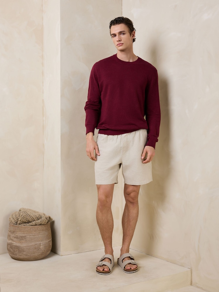 Neutral Textured Cotton Linen Blend Drawstring Shorts - Image 2 of 8