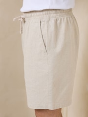 Neutral Textured Cotton Linen Blend Drawstring Shorts - Image 4 of 8