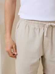Neutral Textured Cotton Linen Blend Drawstring Shorts - Image 5 of 8