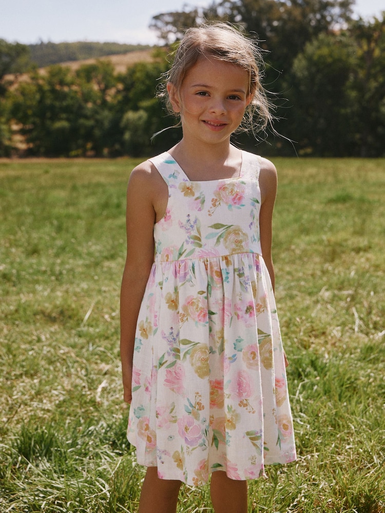 White Floral Linen Summer Dress (3-16yrs) - Image 1 of 4