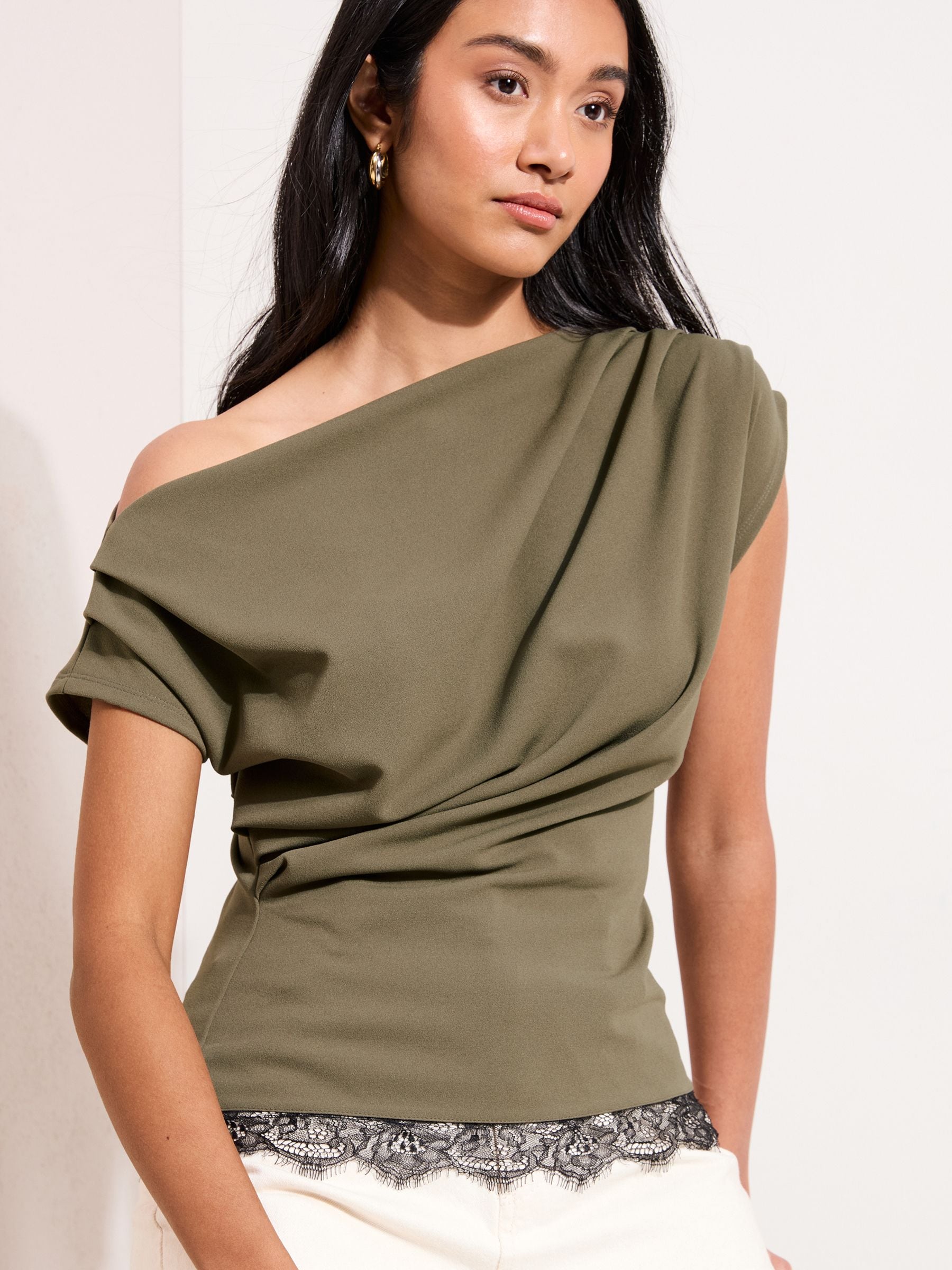 Buy Friends Like These Green Lace Hem Draped Off The Shoulder Top