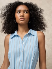 Blue/White Stripe Halter Shirt Midi Belted Dress - Image 4 of 8