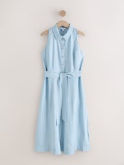 Blue/White Stripe Halter Shirt Midi Belted Dress - Image 5 of 8