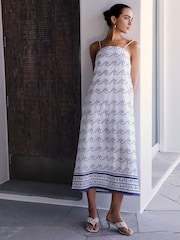 White and Blue Wave - Square Neck Cami Midi Dress - Image 1 of 4