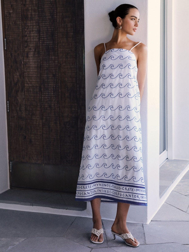 White and Blue Wave - Square Neck Cami Midi Dress - Image 1 of 4 White and Blue Wave - Square Neck Cami Midi Dress - Image 1 of 4