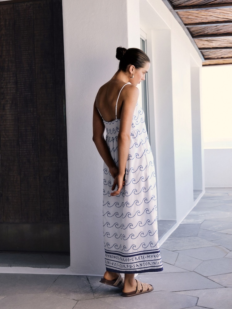 White and Blue Wave - Square Neck Cami Midi Dress - Image 2 of 4 White and Blue Wave - Square Neck Cami Midi Dress - Image 2 of 4