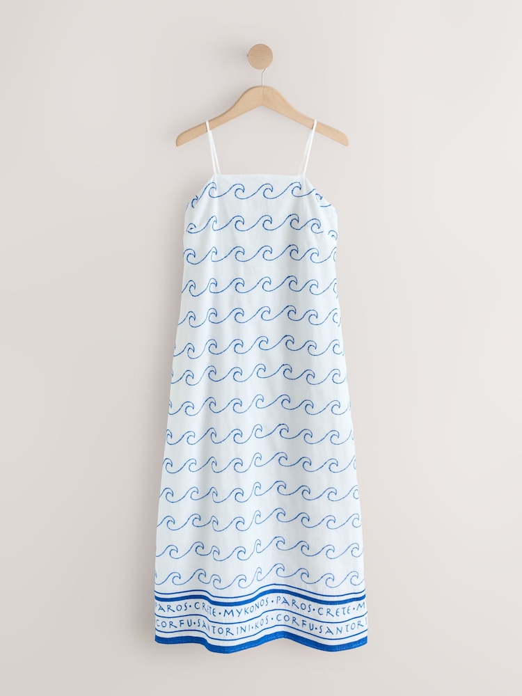Womens Next White/Blue Embroidered Greek Print Square Neck Cami Midi Dress US 16 R Womens Next White/Blue Embroidered Greek Print Square Neck Cami Midi Dress US 16 R