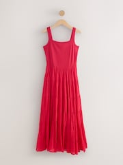 Rood - Sleeveless Square Neck Tiered Midi Summer Dress - Afbeelding 1 van 3