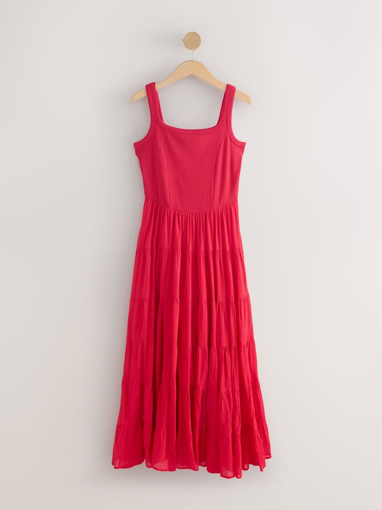 Rood - Sleeveless Square Neck Tiered Midi Summer Dress - Afbeelding 1 van 3