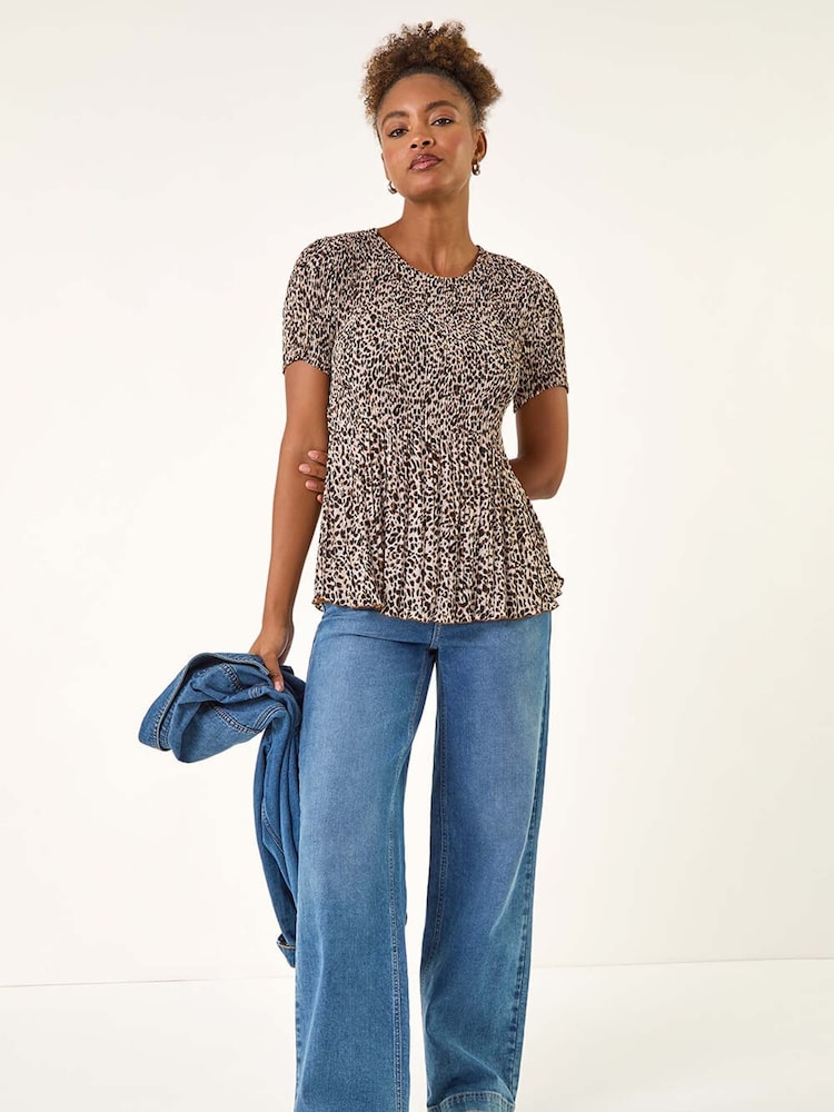 Roman Natural Animal Print Pleated Blouse - Image 2 of 5 Roman Natural Animal Print Pleated Blouse - Image 2 of 5