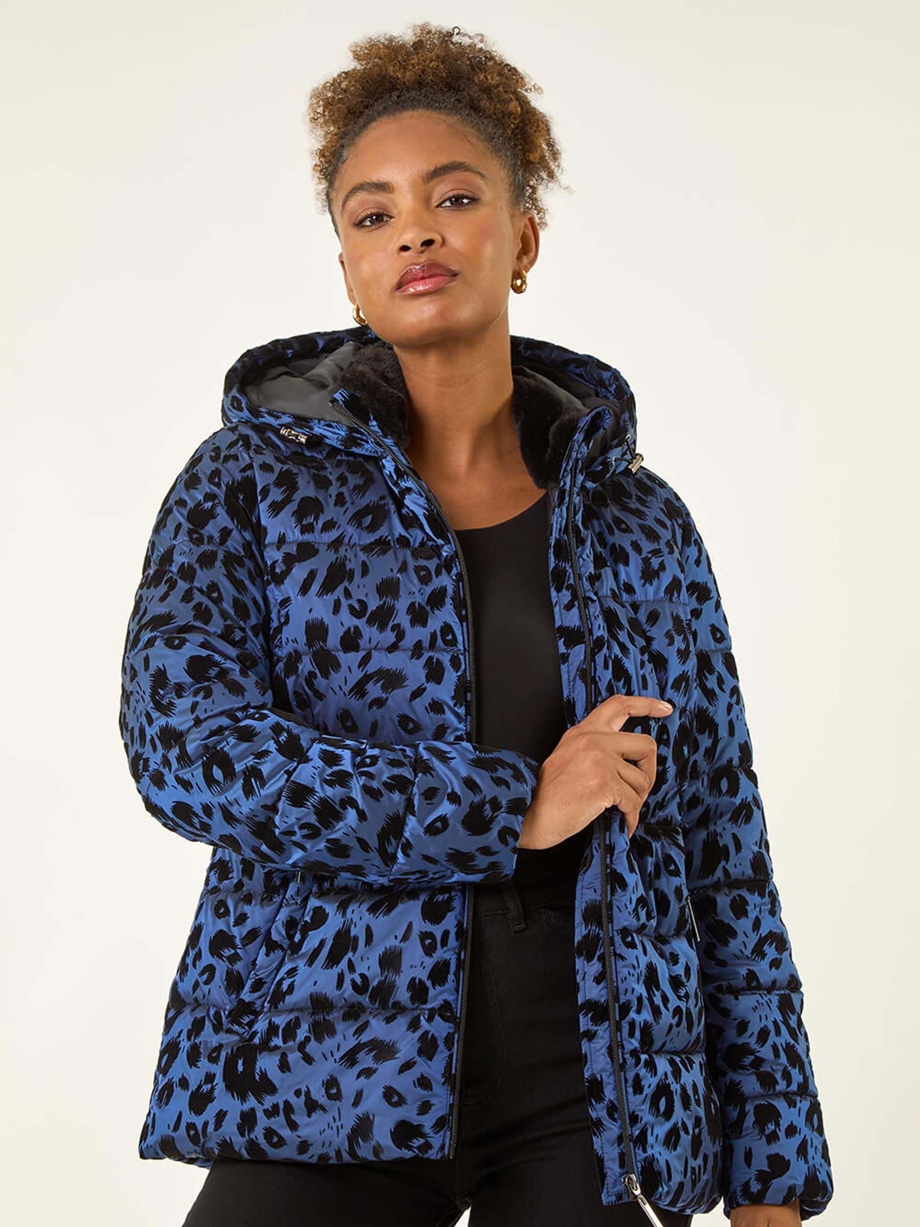 Buy Roman Blue Animal Print Flocked Hooded Coat from Next USA