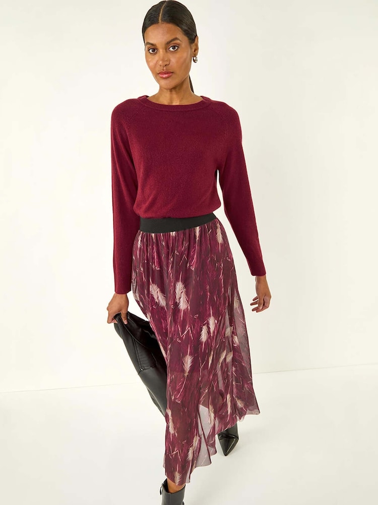 Roman Red Abstract Print Mesh Overlay Skirt - Image 1 of 5 Roman Red Abstract Print Mesh Overlay Skirt - Image 1 of 5