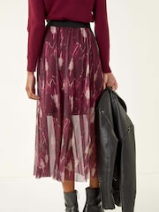 Roman Red Abstract Print Mesh Overlay Skirt - Image 3 of 5