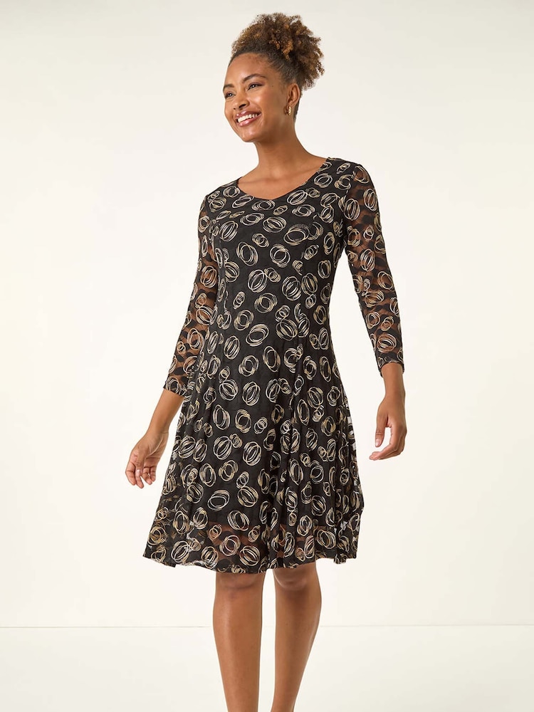 Roman Black Geo Print Lace Stretch Dress - Image 1 of 5