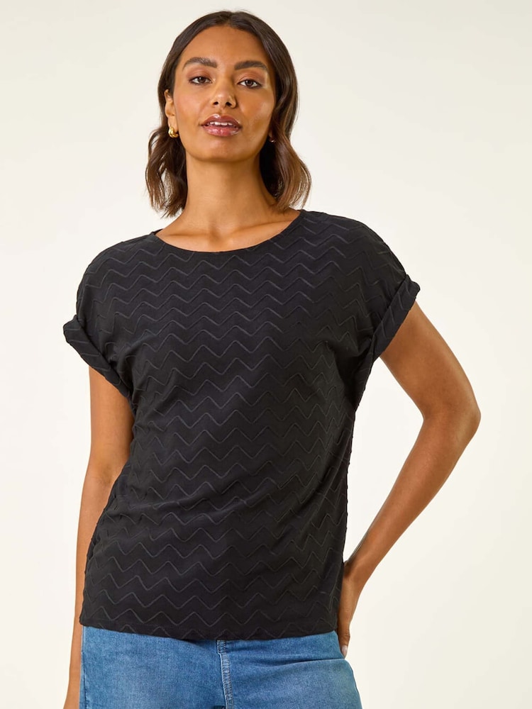 Roman Black Textured Short Sleeve Stretch T-Shirt - Image 2 of 5 Roman Black Textured Short Sleeve Stretch T-Shirt - Image 2 of 5
