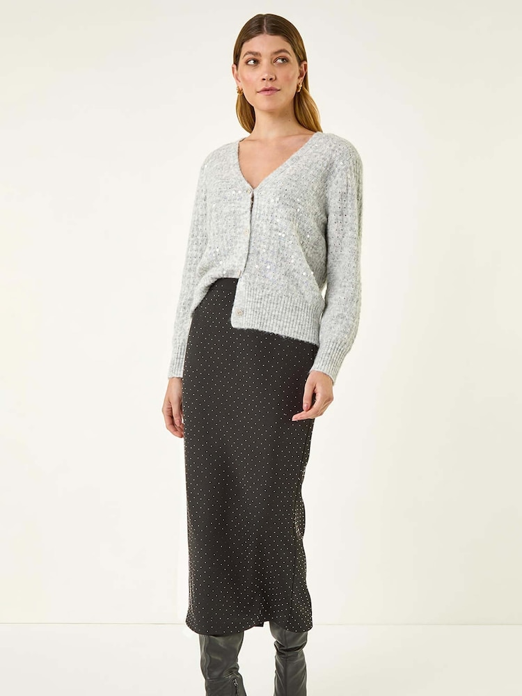 Roman Black Diamante Stretch Pencil Midi Skirt - Image 2 of 5 Roman Black Diamante Stretch Pencil Midi Skirt - Image 2 of 5