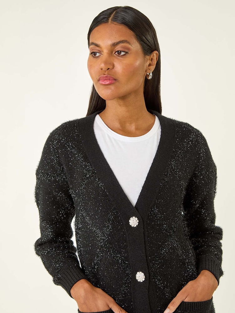Roman Black Longline Tinsel Knit Cardigan - Image 1 of 5 Roman Black Longline Tinsel Knit Cardigan - Image 1 of 5