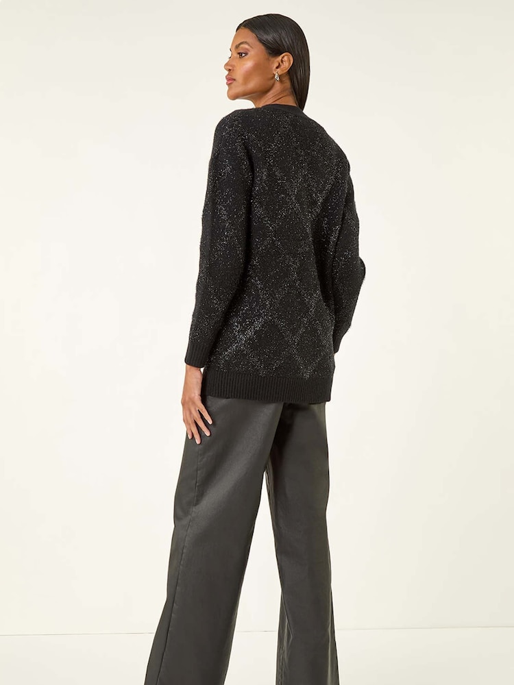 Roman Black Longline Tinsel Knit Cardigan - Image 2 of 5 Roman Black Longline Tinsel Knit Cardigan - Image 2 of 5