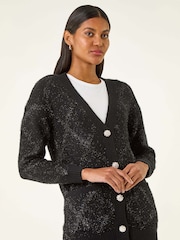 Roman Black Longline Tinsel Knit Cardigan - Image 3 of 5