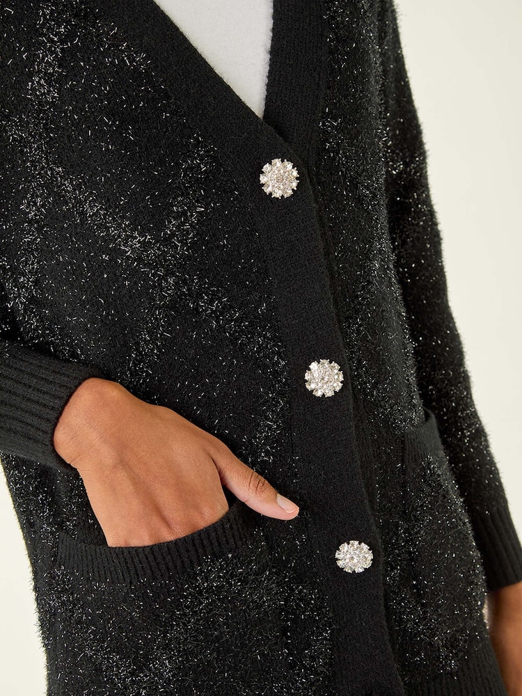 Roman Black Longline Tinsel Knit Cardigan - Image 5 of 5 Roman Black Longline Tinsel Knit Cardigan - Image 5 of 5