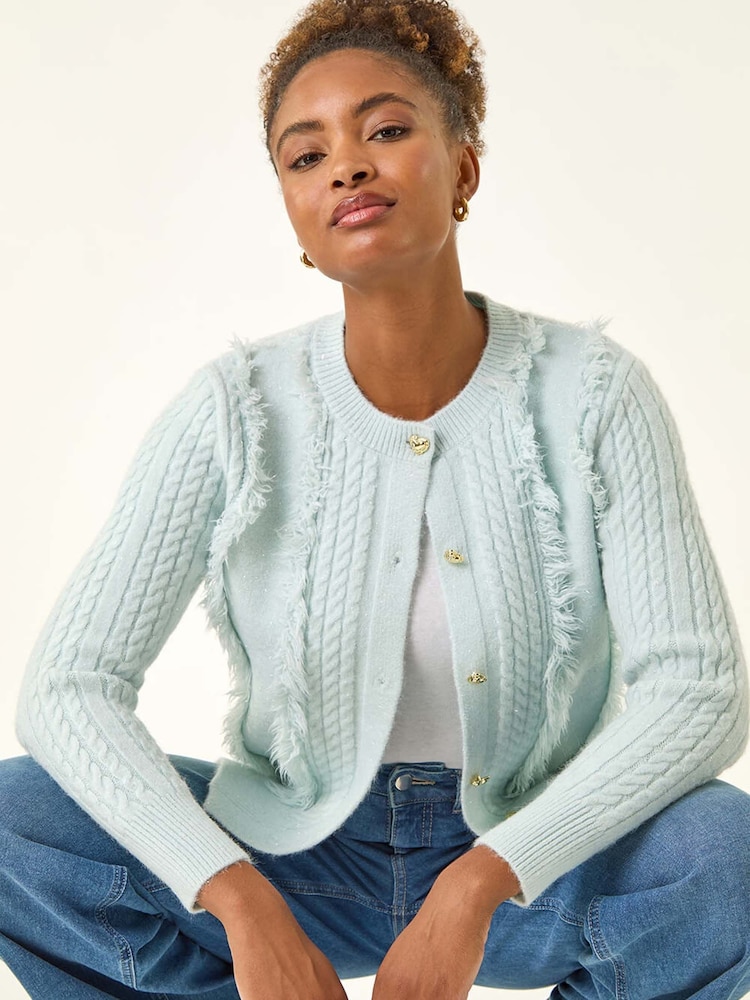 Roman Blue Fringe Knit Cardigan - Image 1 of 5 Roman Blue Fringe Knit Cardigan - Image 1 of 5