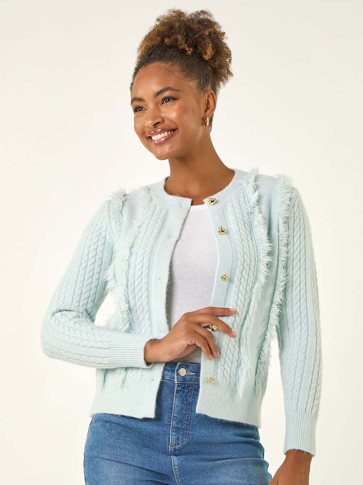 Roman Blue Fringe Knit Cardigan - Image 2 of 5 Roman Blue Fringe Knit Cardigan - Image 2 of 5
