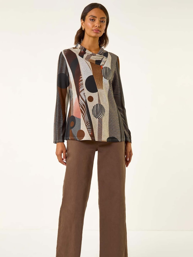 Roman Brown Abstract Print Snit Tunic Top - Image 1 of 5 Roman Brown Abstract Print Snit Tunic Top - Image 1 of 5