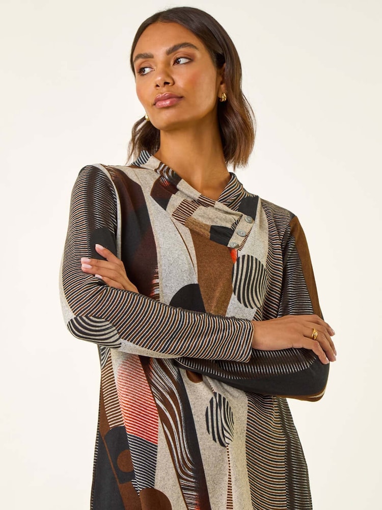 Roman Brown Abstract Print Snit Tunic Top - Image 2 of 5