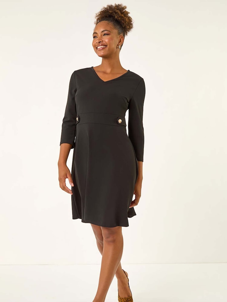 Roman Black V-Neck Buttoned Stretch Dress - Image 1 of 5 Roman Black V-Neck Buttoned Stretch Dress - Image 1 of 5