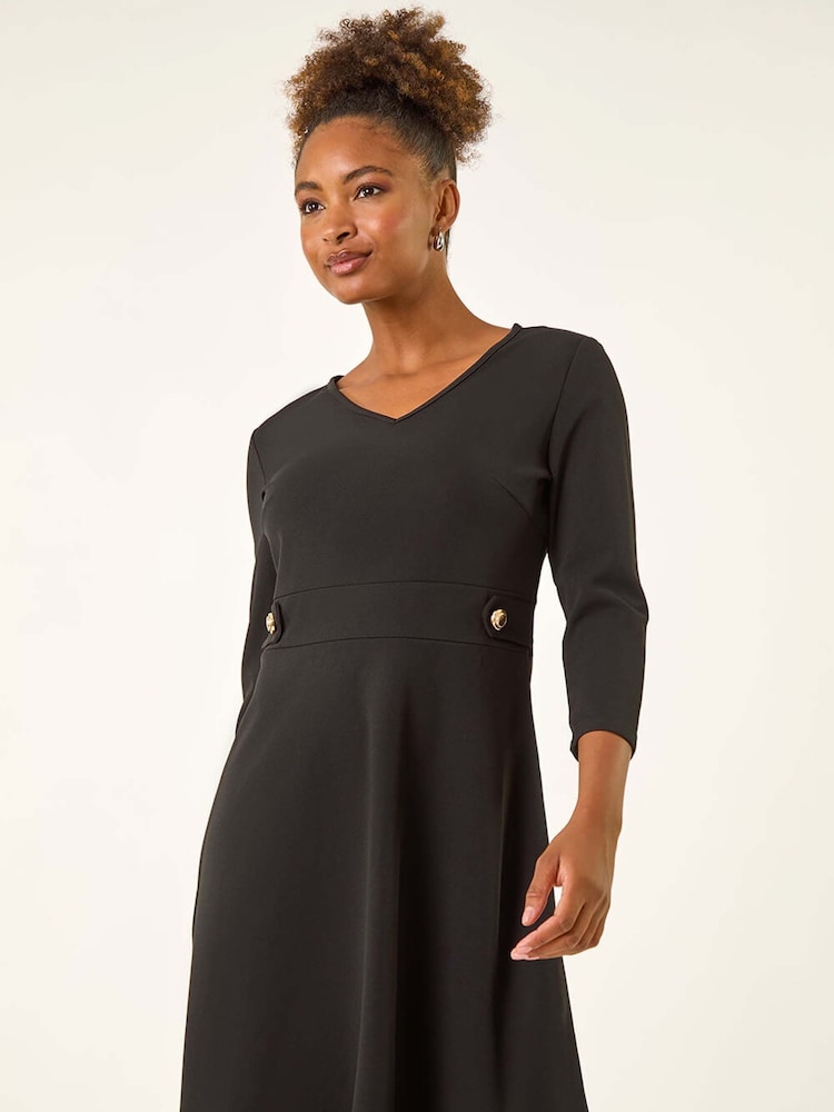 Roman Black V-Neck Buttoned Stretch Dress - Image 2 of 5 Roman Black V-Neck Buttoned Stretch Dress - Image 2 of 5