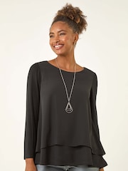 Roman Black Chiffon Overlay Necklace Tunic Top - Image 1 of 5