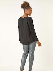 Roman Black Chiffon Overlay Necklace Tunic Top - Image 3 of 5