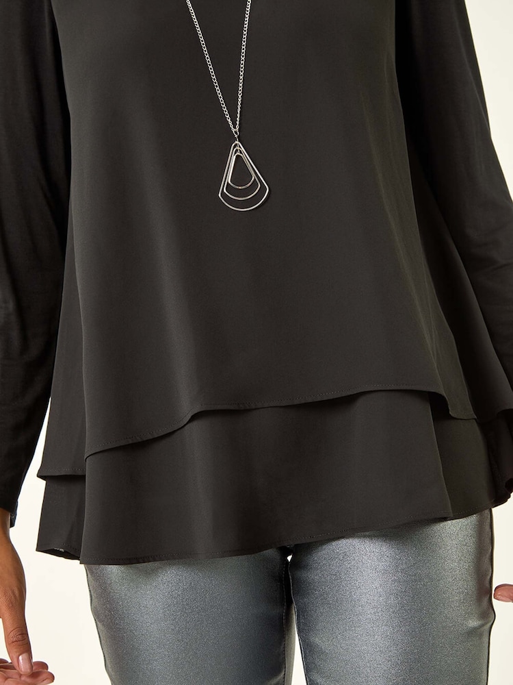 Roman Black Chiffon Overlay Necklace Tunic Top - Image 5 of 5