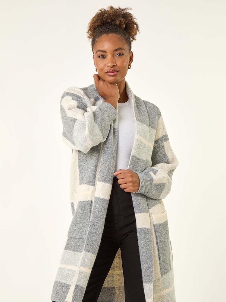 Roman Grey Check Longline Pocket Cardigan - Image 1 of 5 Roman Grey Check Longline Pocket Cardigan - Image 1 of 5