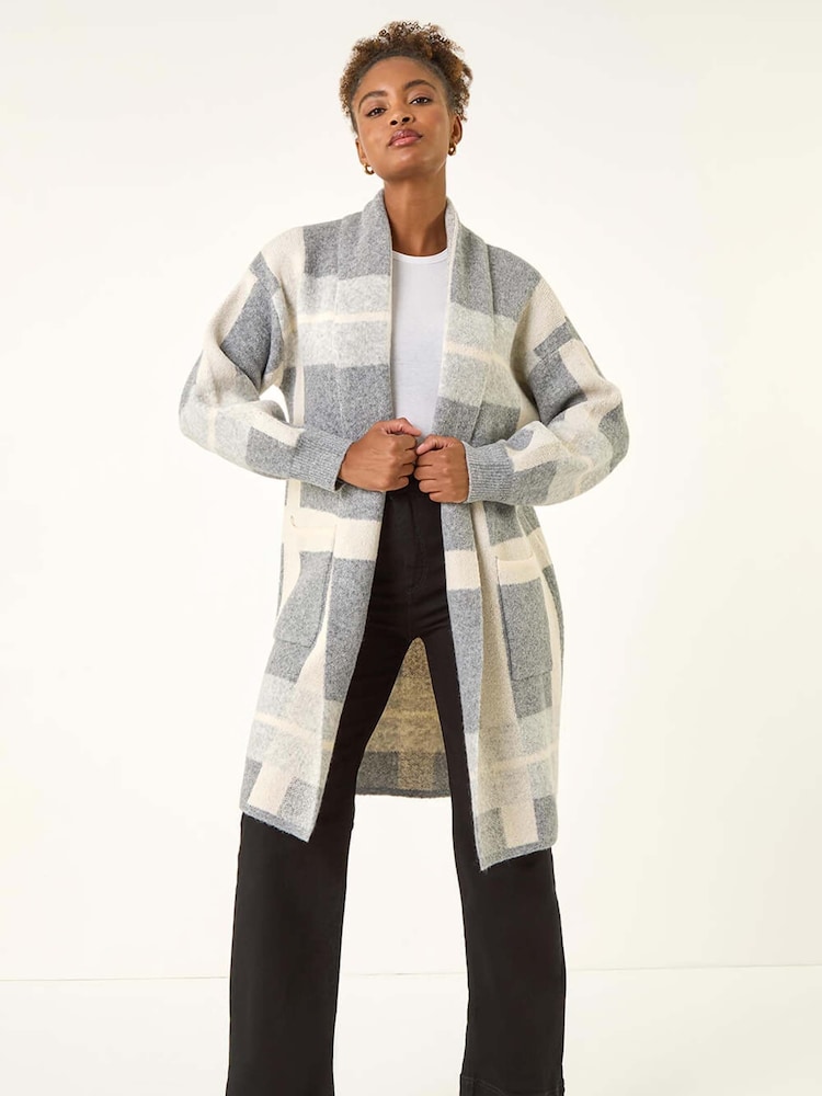 Roman Grey Check Longline Pocket Cardigan - Image 2 of 5 Roman Grey Check Longline Pocket Cardigan - Image 2 of 5