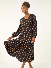 Roman Black Polka Dot Stretch Midi Dress - Image 1 of 5