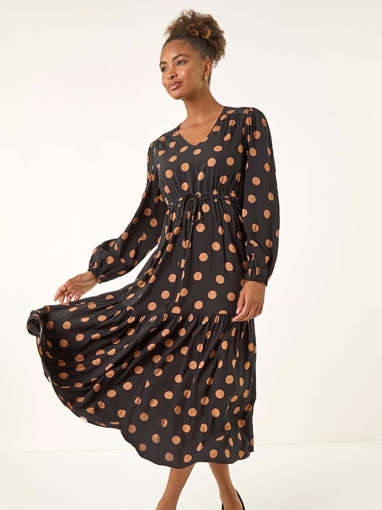 Roman Black Polka Dot Stretch Midi Dress - Image 1 of 5 Roman Black Polka Dot Stretch Midi Dress - Image 1 of 5