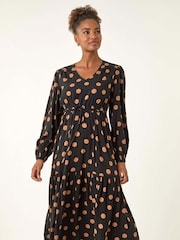Roman Black Polka Dot Stretch Midi Dress - Image 2 of 5