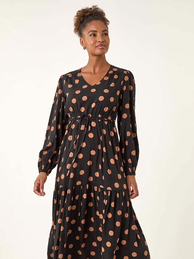 Roman Black Polka Dot Stretch Midi Dress - Image 2 of 5