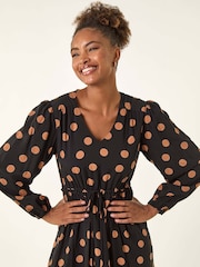 Roman Black Polka Dot Stretch Midi Dress - Image 4 of 5