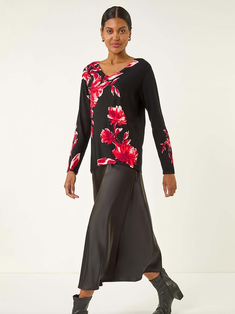 Roman Black Floral Print V-Neck Knit Top - Image 1 of 5 Roman Black Floral Print V-Neck Knit Top - Image 1 of 5