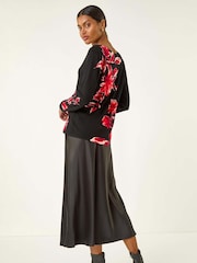 Roman Black Floral Print V-Neck Knit Top - Image 2 of 5